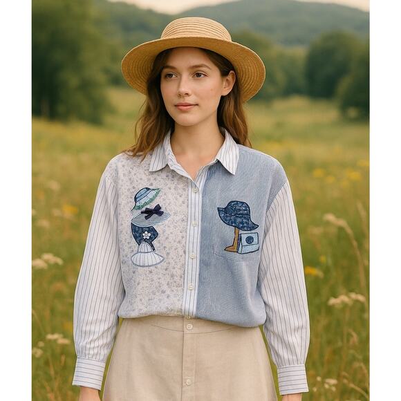 VTG Eagle's Eye Patchwork Embroidered Button Up Shirt Sz M Hong Kong Cottagecore - Picture 1 of 9